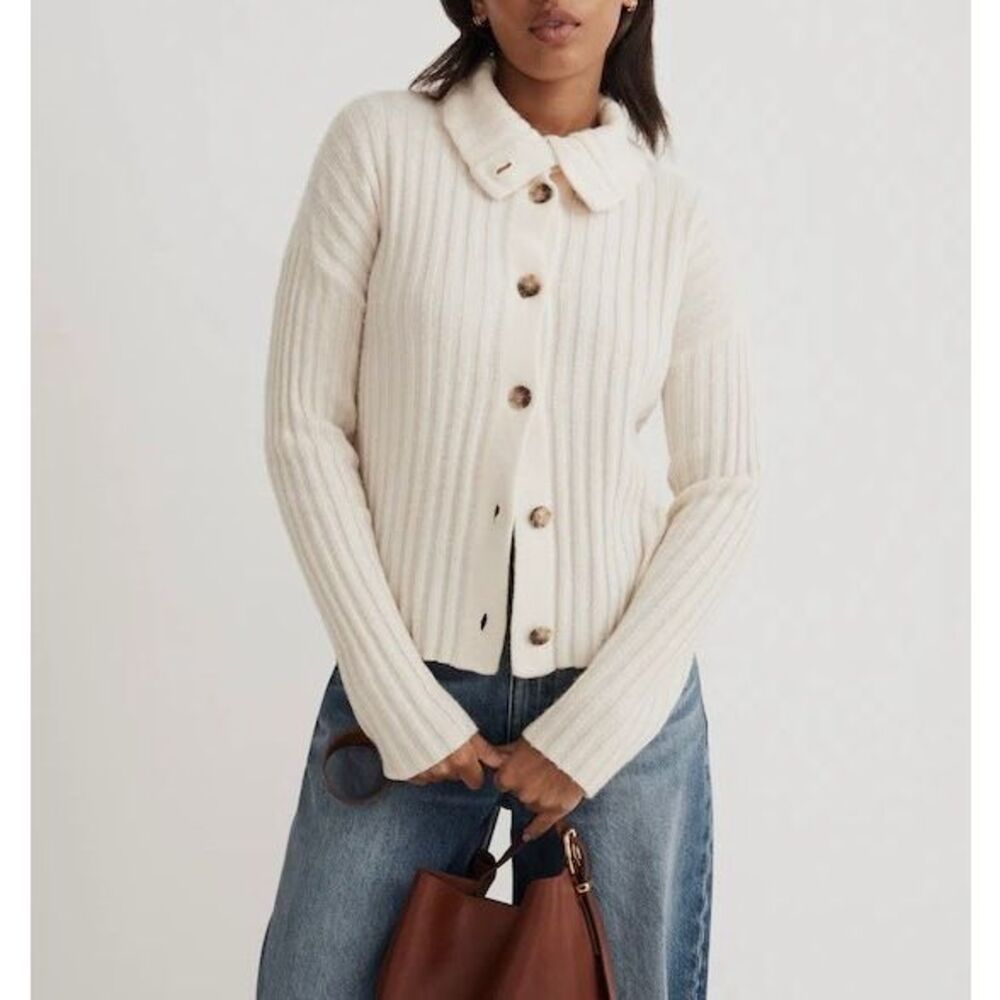 Madewell Cardigan Sweater‎ Oversize Collar Wool Blend Ribbed Antique Cream XS
